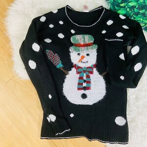 Holiday Christmas Ugly black sweater . Holidays snowman white, green, red